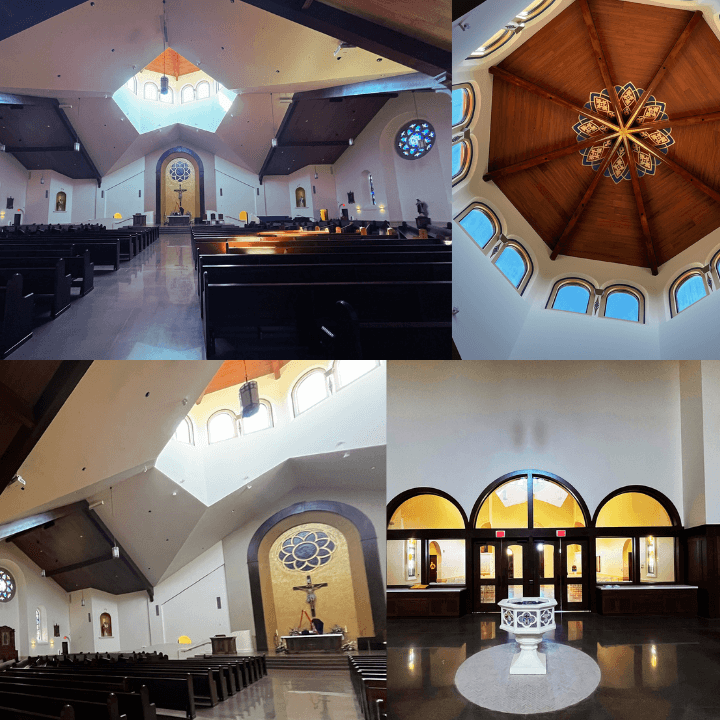 Collage of a modern church interior showing pews, altar, ornate wooden ceiling, and baptismal font.