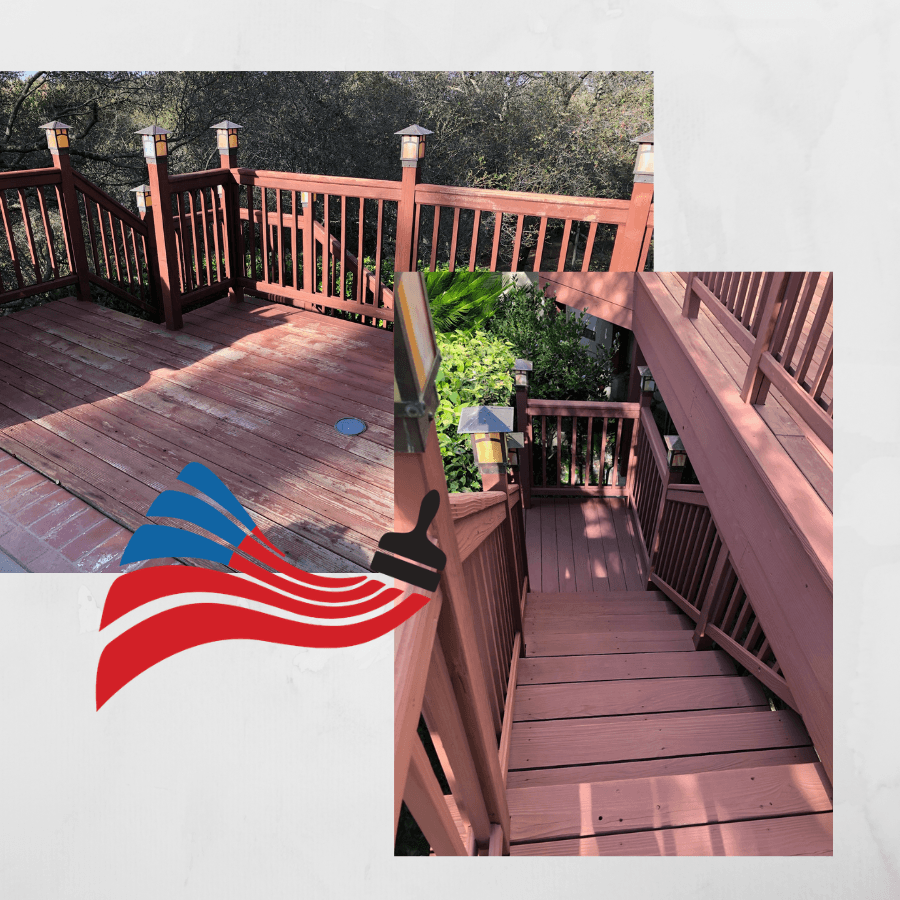 Before and after comparison of a weathered wooden deck restored with a fresh reddish-brown stain.