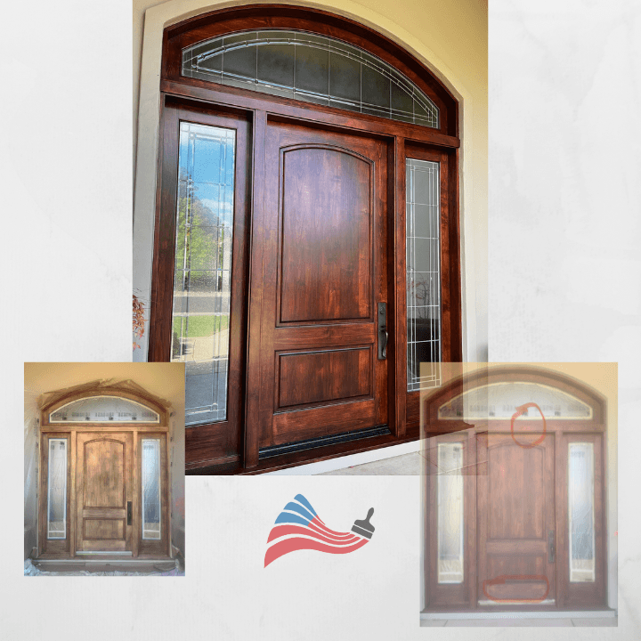 Refinished dark wood front door with sidelights and arched transom window, showing before and after.